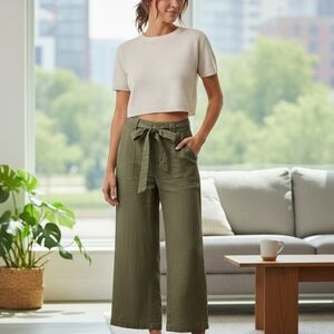 Kensie High Rise Wide Leg Linen Sage Pants